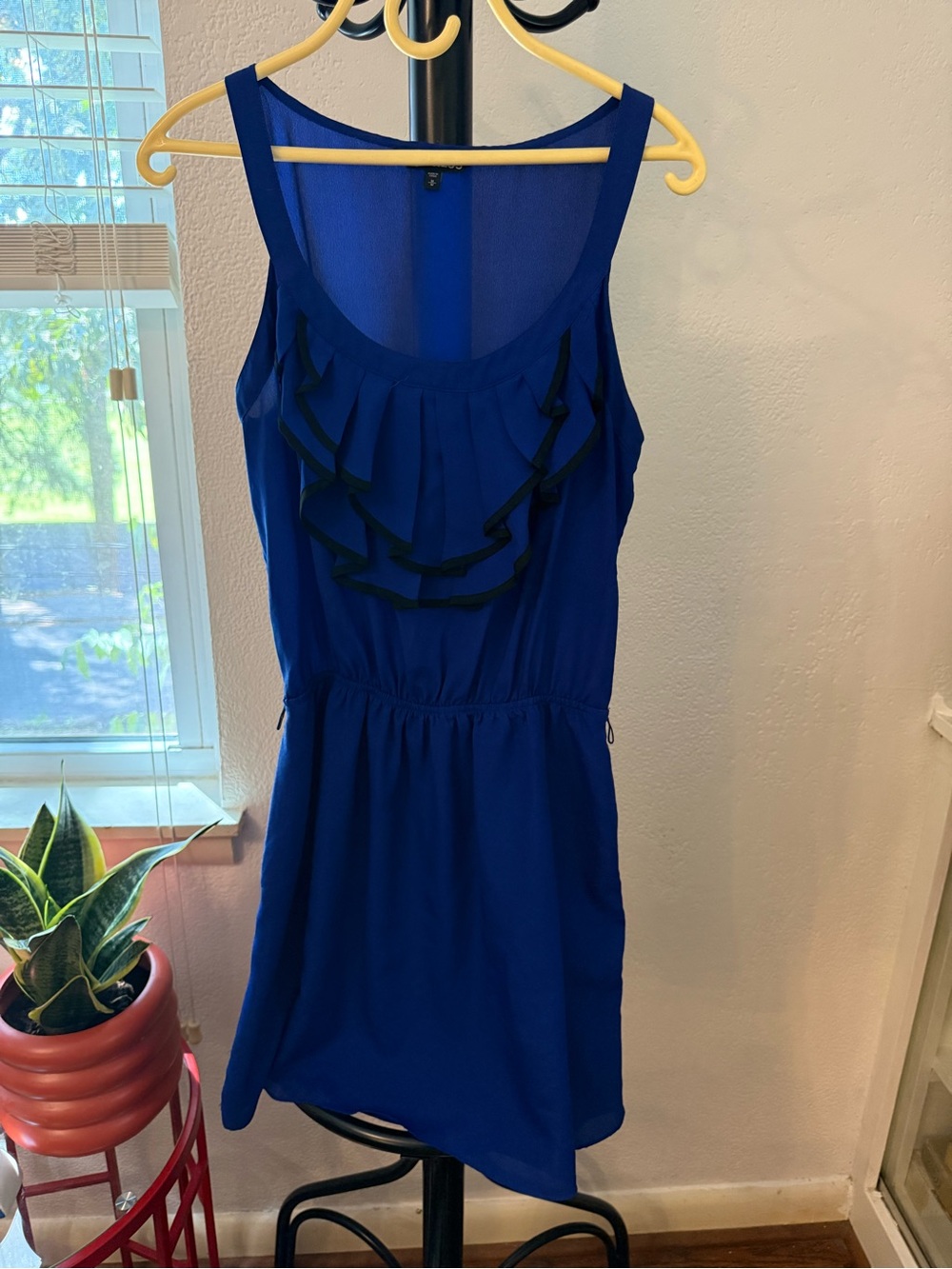Express Cobalt Blue Chiffon Ruffle Dress with Black Trim Y2K, Medium